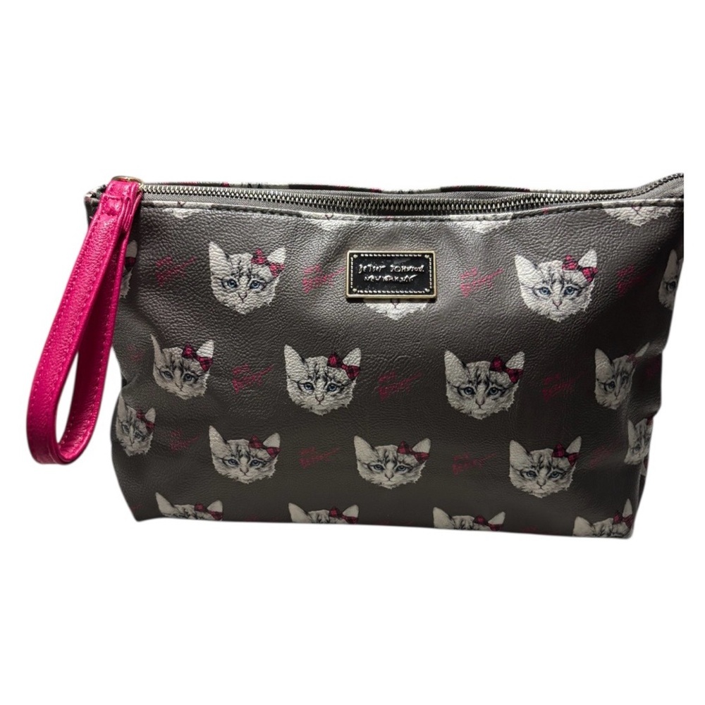 BETSEY JOHNSON Cat Print Wristlet Cosmetic Bag in Charcoal and Hot Pink